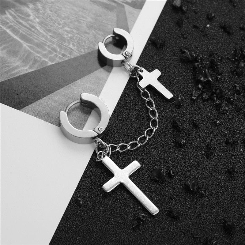 Boucles d'Oreilles Pendantes avec Croix et Chaîne - Style Rock