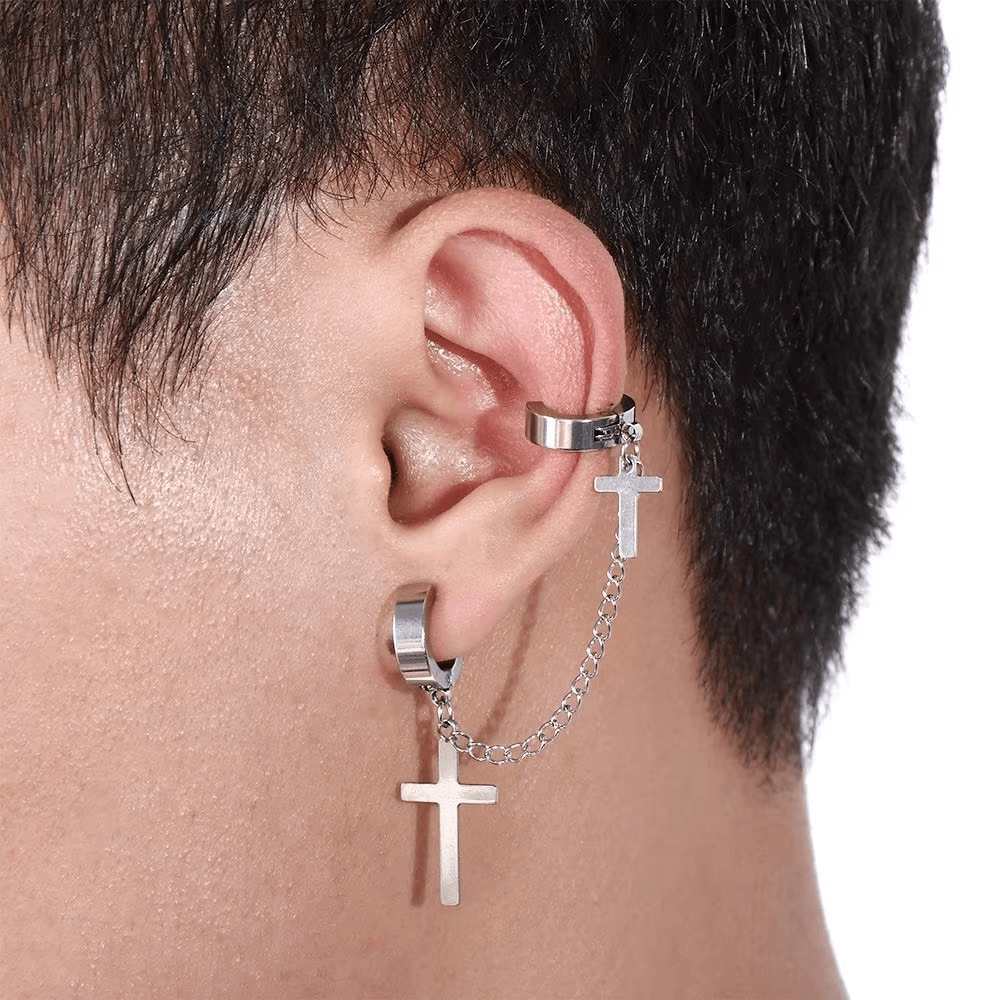 Boucles d'Oreilles Pendantes avec Croix et Chaîne - Style Rock