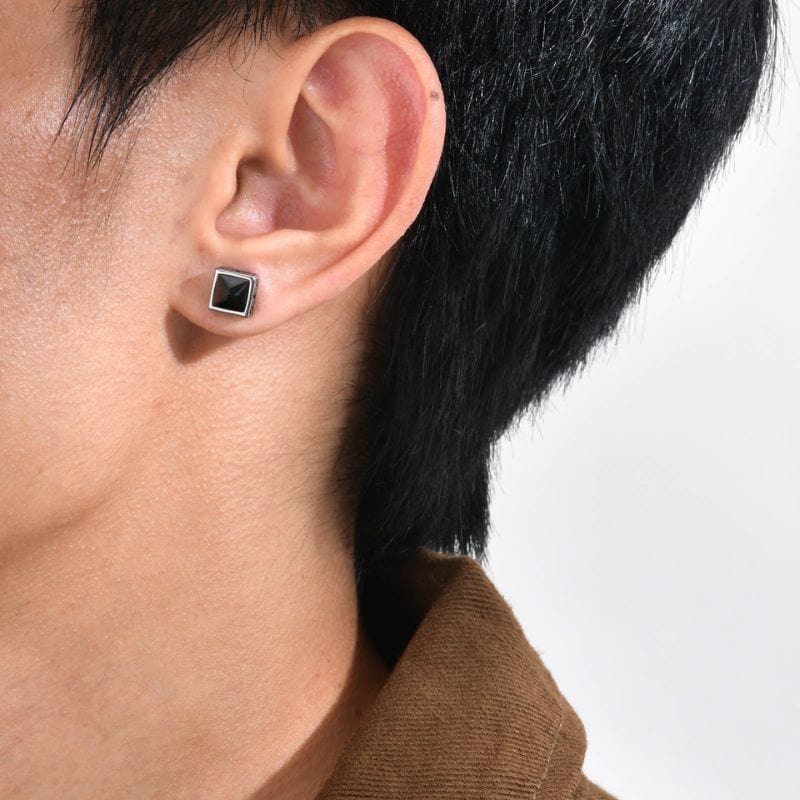 Boucles d'Oreilles Carrées – Acier & Pierre Noire