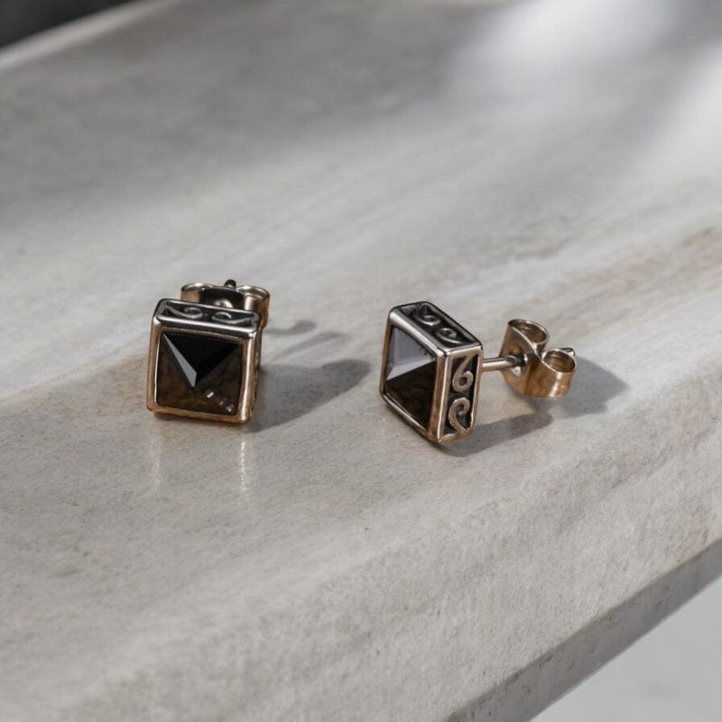 Boucles d'Oreilles Carrées – Acier & Pierre Noire