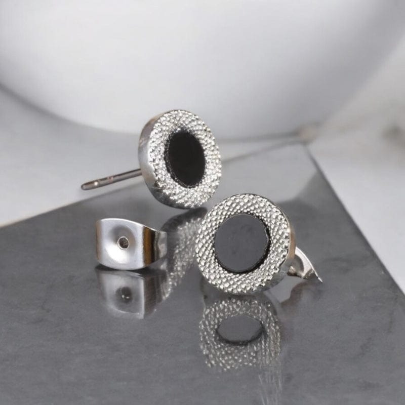 Boucles d’Oreilles Clous Homme Cercle Noir - Style Moderne Argenté