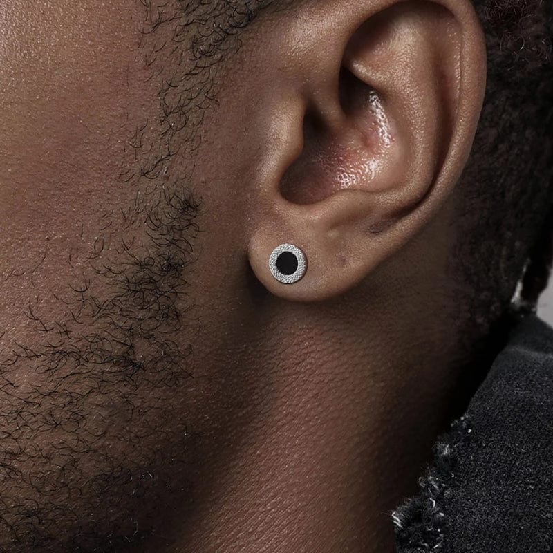 Boucles d’Oreilles Clous Homme Cercle Noir - Style Moderne Argenté