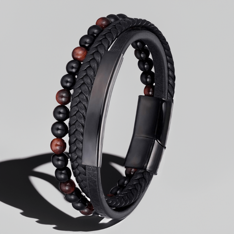 Bracelet en Cuir Noir et Perles