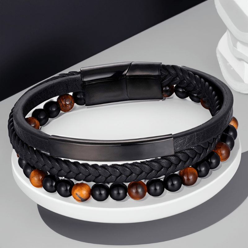 Bracelet en Cuir Noir et Perles
