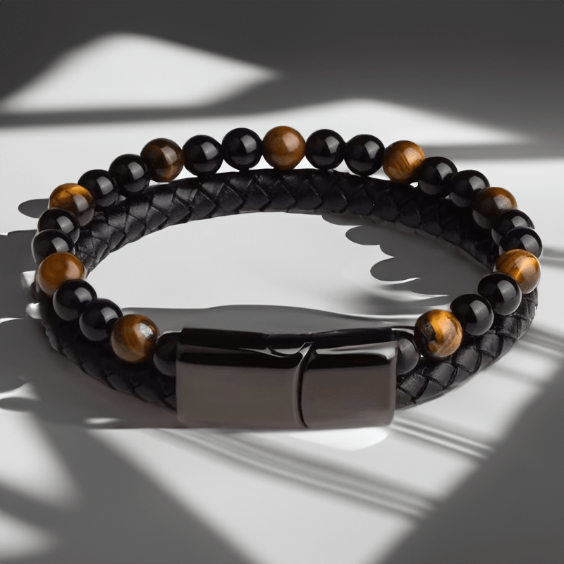 Bracelet en Cuir Tressé et Perles Naturelles