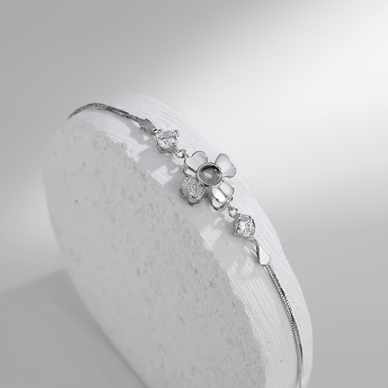 Bracelet photo personnalisé fleur en argent