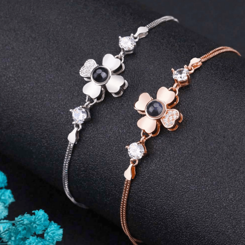 Bracelet photo personnalisé fleur en argent