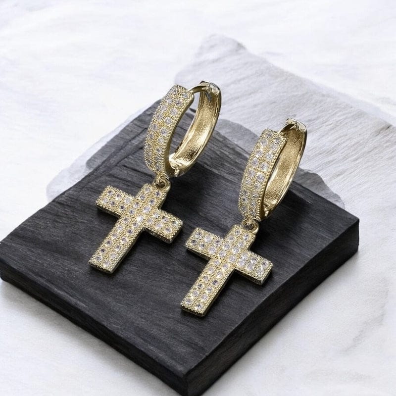 Boucles d'Oreilles Croix Homme - Diamant Pendantes Or et Argent