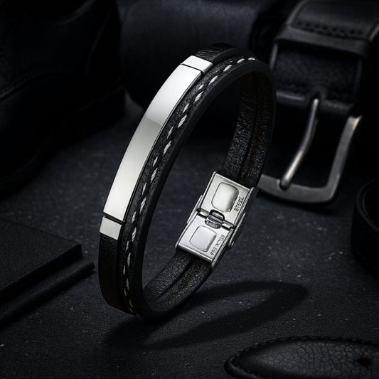 Bracelet Cuir et Acier Personnalisé Homme - Gravure Offerte