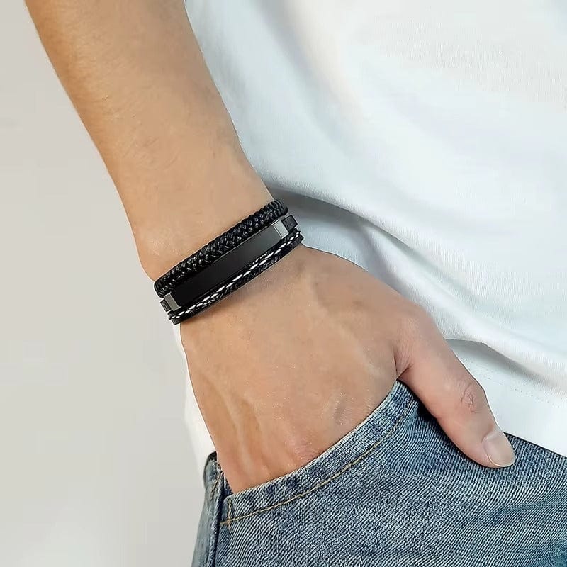 Bracelet Homme Personnalisé Cuir Large - Plaque en Acier