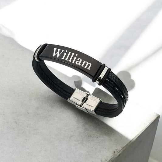 Bracelet Homme Personnalisé Cuir Gravé - Plaque Acier