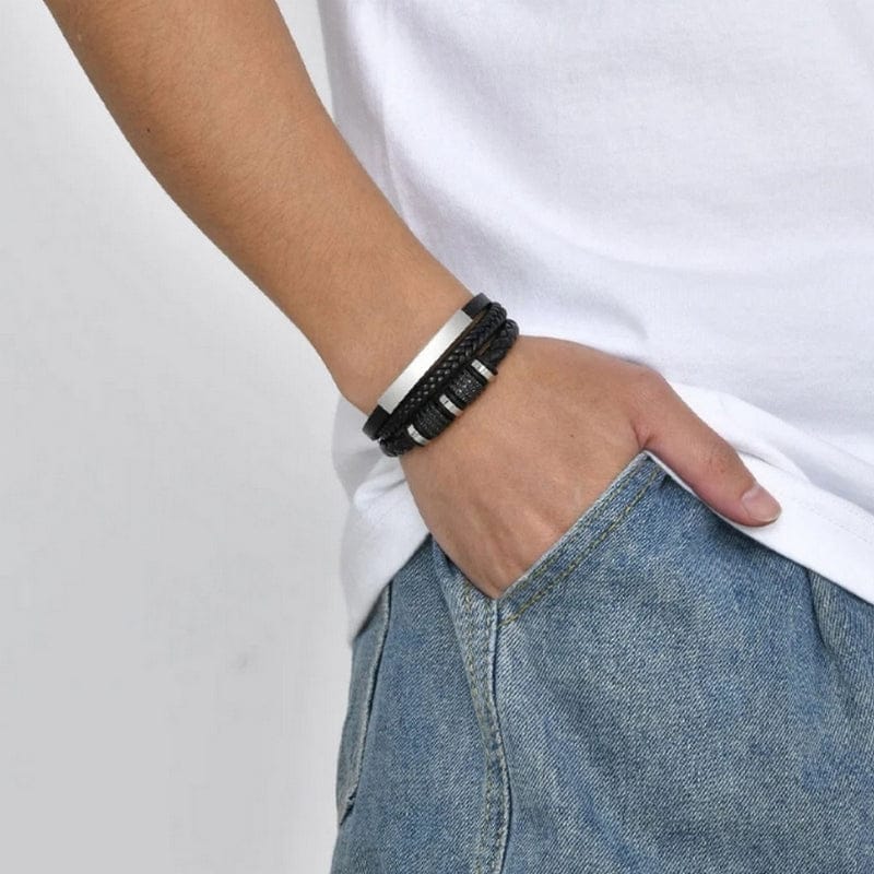 Bracelet Cuir Tressé Homme Personnalisé - Fermoir Magnétique