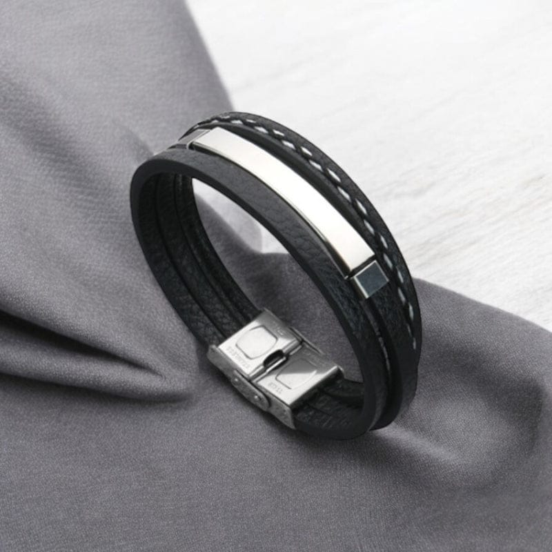 Bracelet Homme Personnalisé Cuir Large - Plaque en Acier