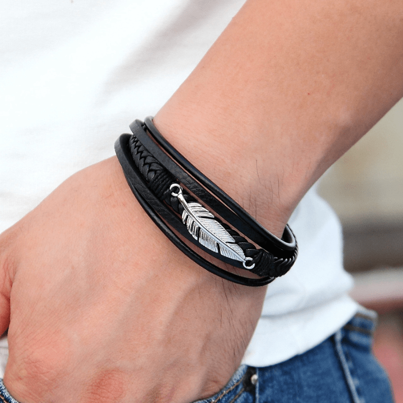 Bracelet Cuir et Plume en Acier