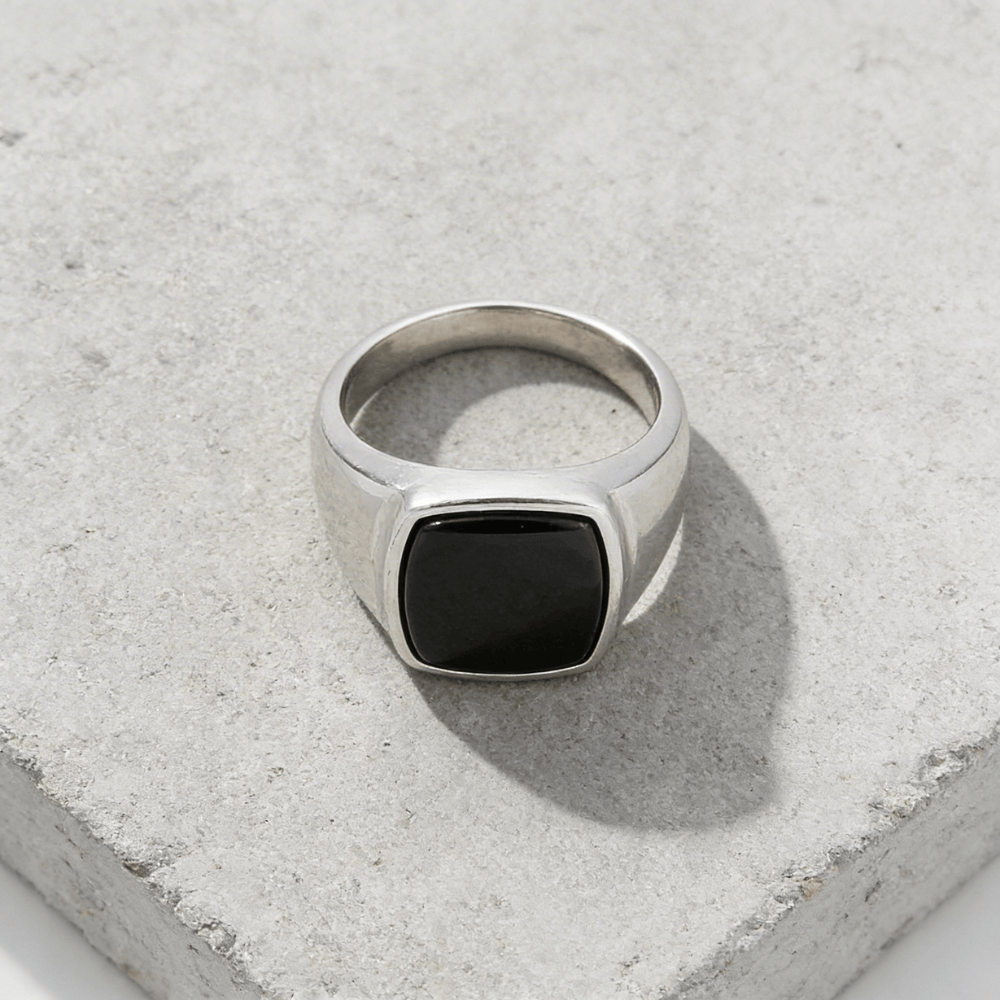 Bague Chevalière Homme Onyx Noir Coussin Acier Inoxydable
