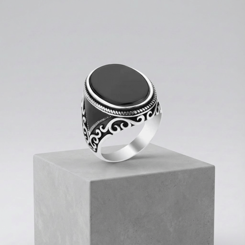 Chevalière Argent Onyx Homme Plateau Ovale