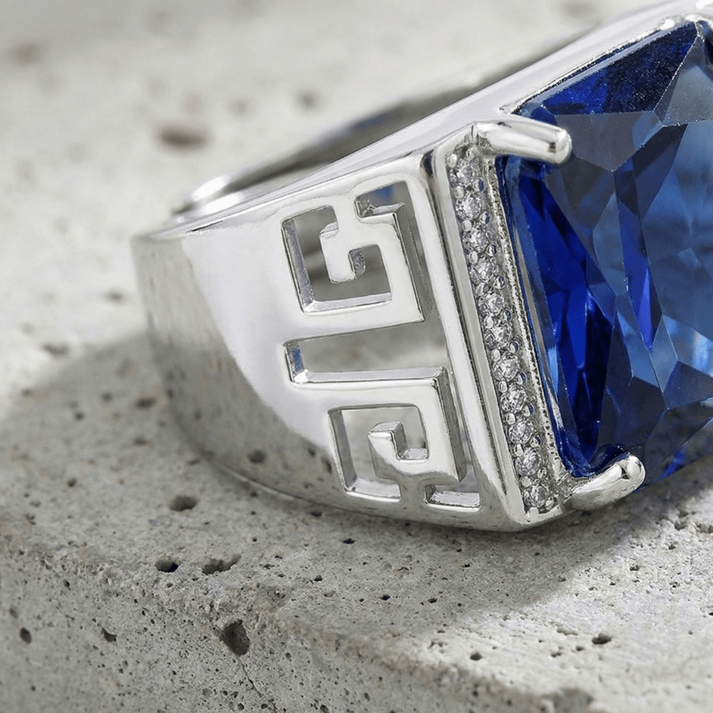 Bague Chevalière Homme Argent Luxe Saphir Bleu