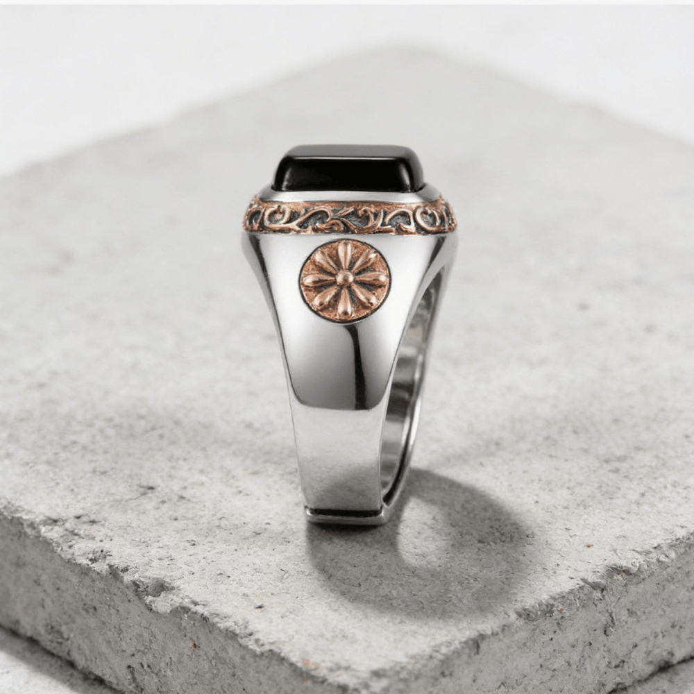 Chevalière Homme Onyx Rosaces Or Rose