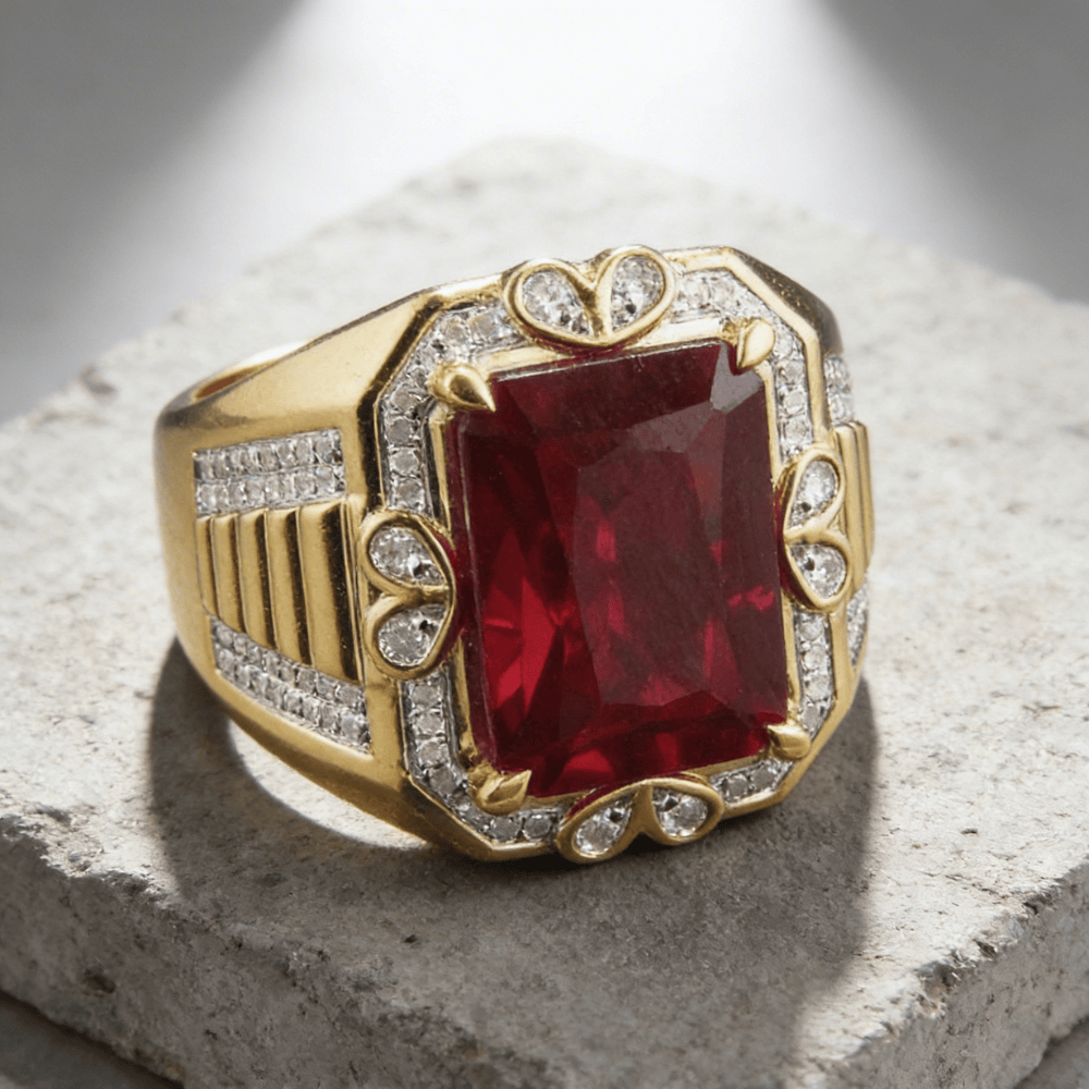 Bague Chevalière Homme Or et Rubis Plateau Rectangulaire