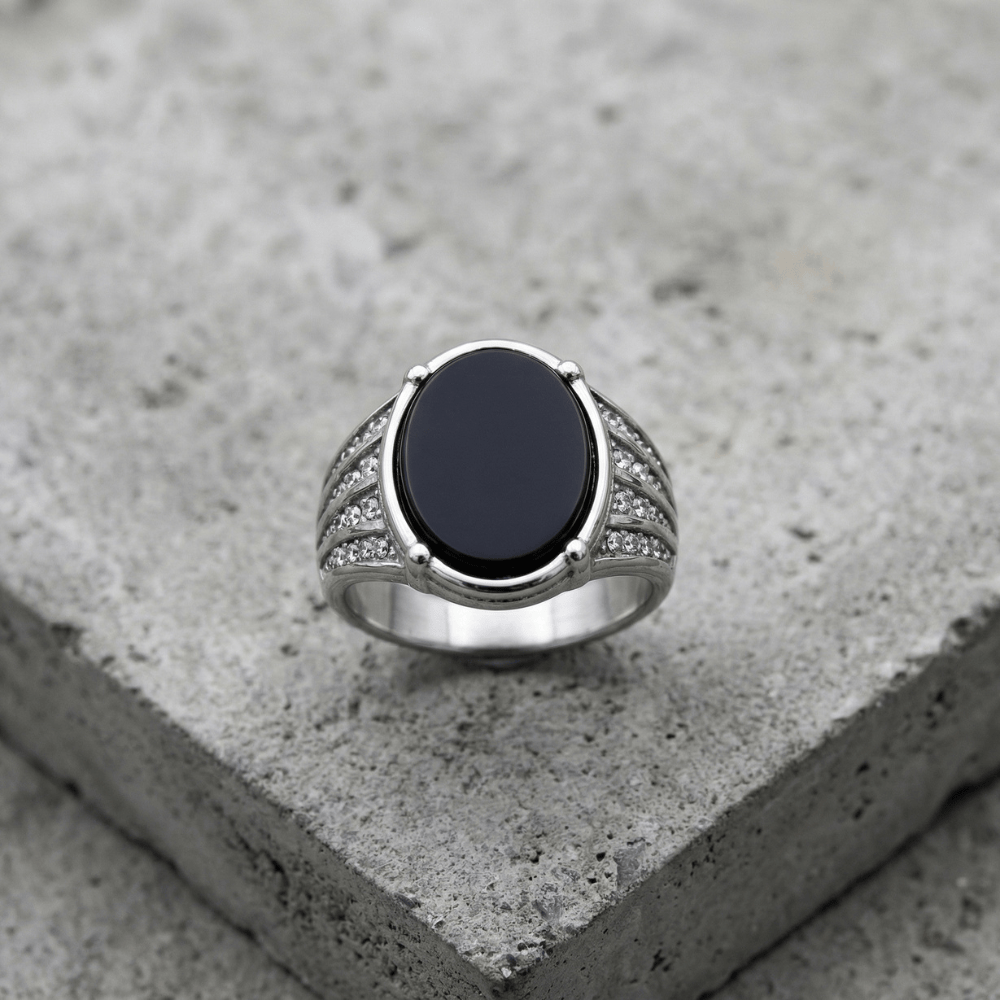 Chevalière Ovale Homme Onyx Acier Inoxydable