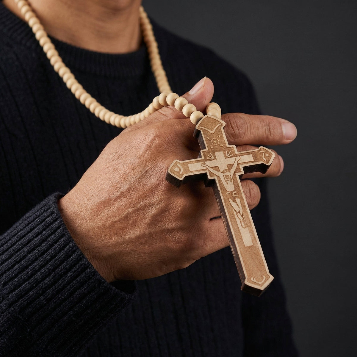 Collier Chapelet Homme Pendentif Croix Bois Sculpté