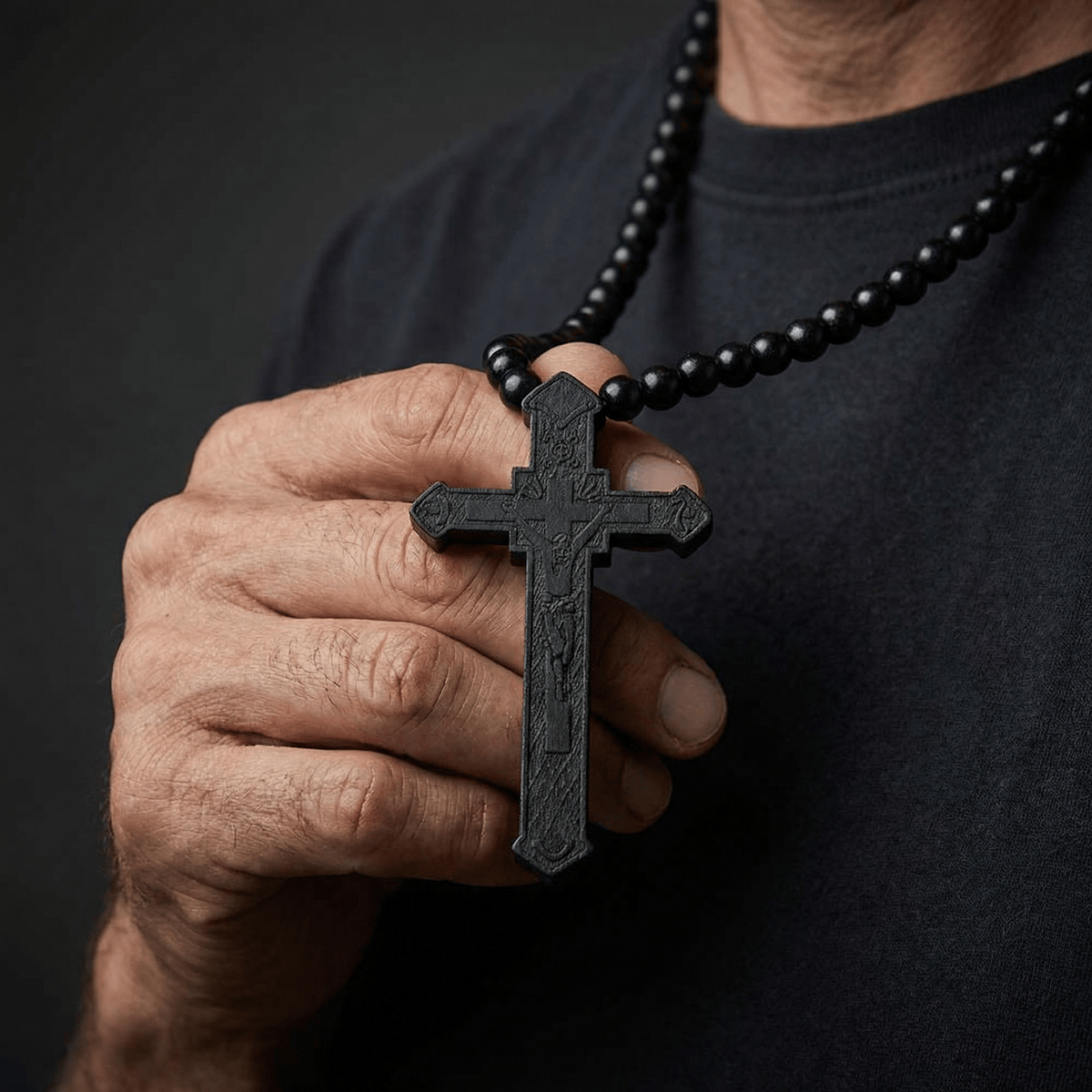 Collier Chapelet Homme Pendentif Croix Bois Sculpté