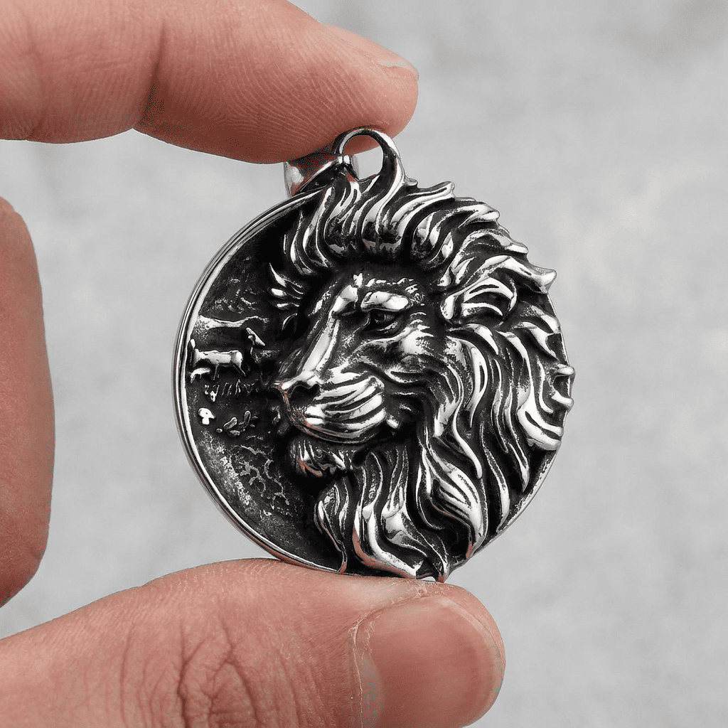 Collier Homme Pendentif Lion Médaillon Argent