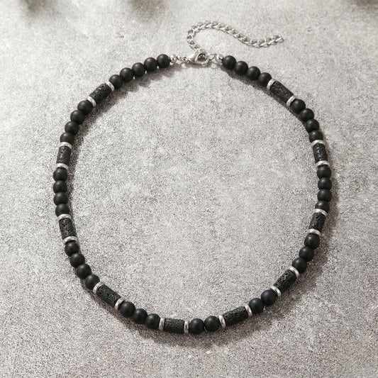 Collier Perle Homme Pierre de Lave Acier