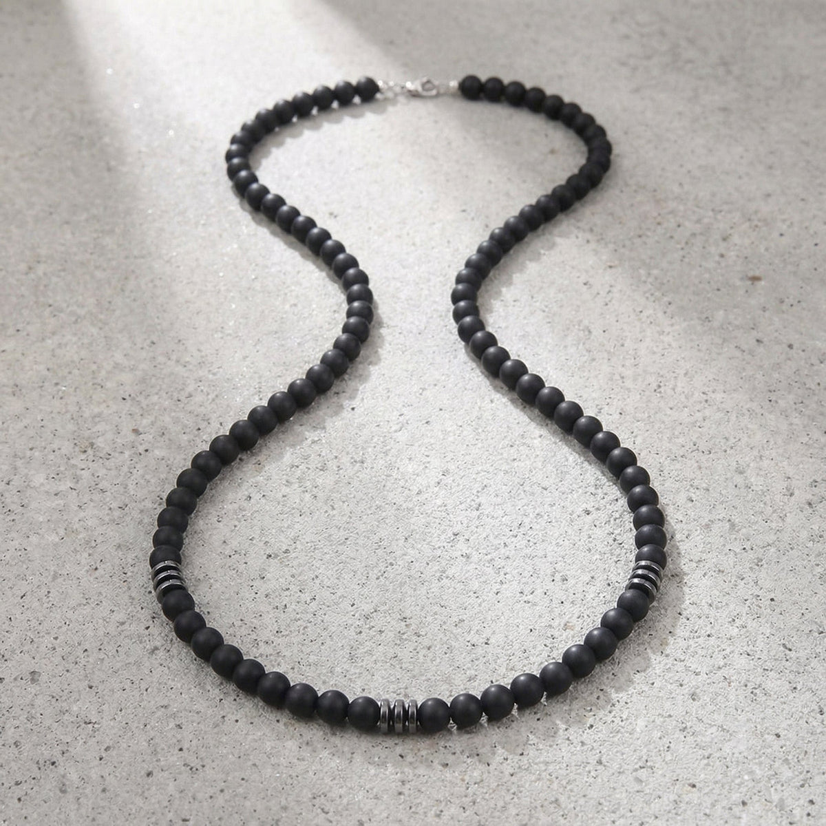 Collier Homme Perles Noires Acier Inoxydable