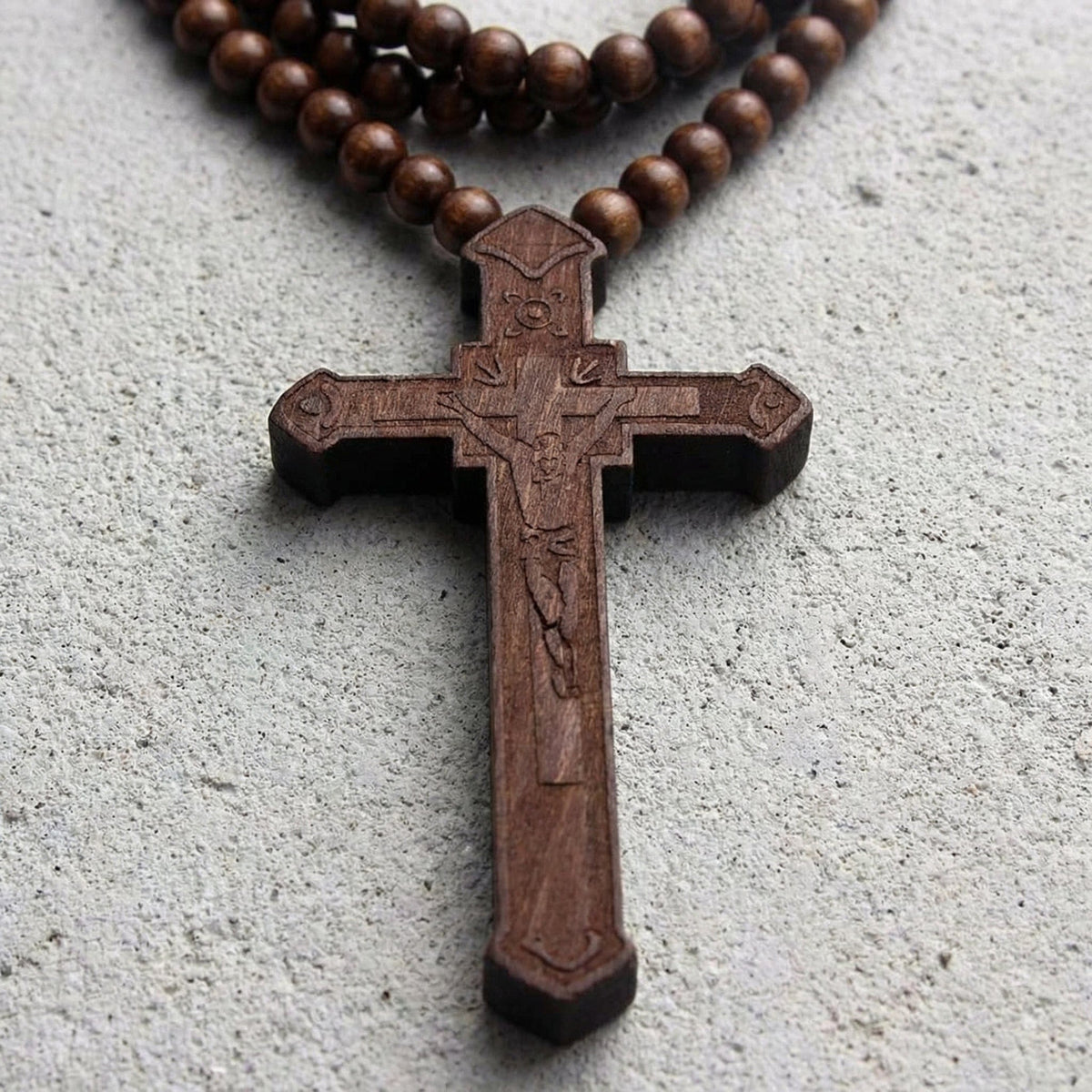 Collier Chapelet Homme Pendentif Croix Bois Sculpté