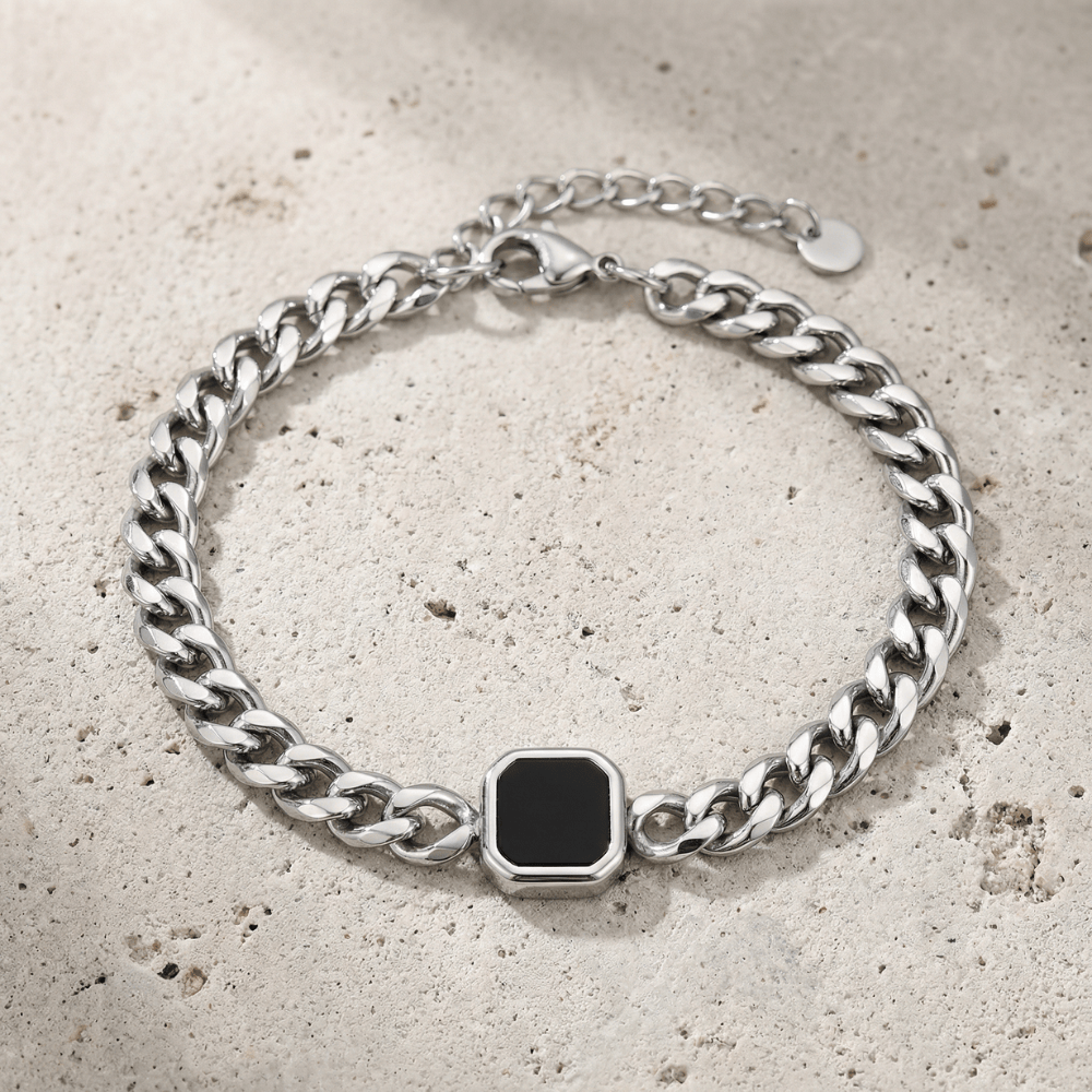 Gourmette Homme Pierre Noire Bracelet Acier Inoxydable