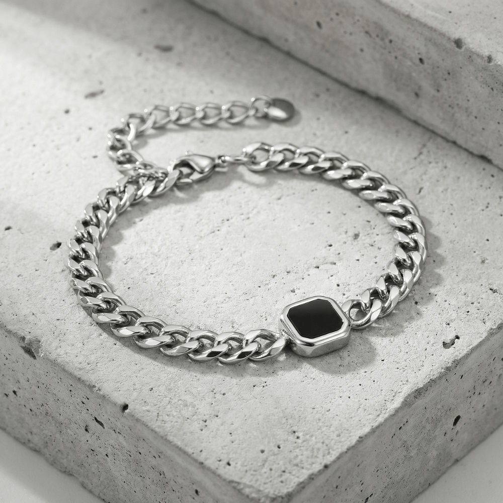 Gourmette Homme Pierre Noire Bracelet Acier Inoxydable