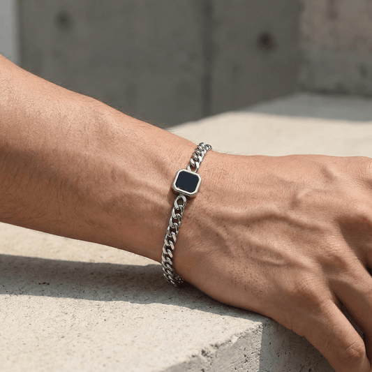 Gourmette Homme Pierre Noire Bracelet Acier Inoxydable
