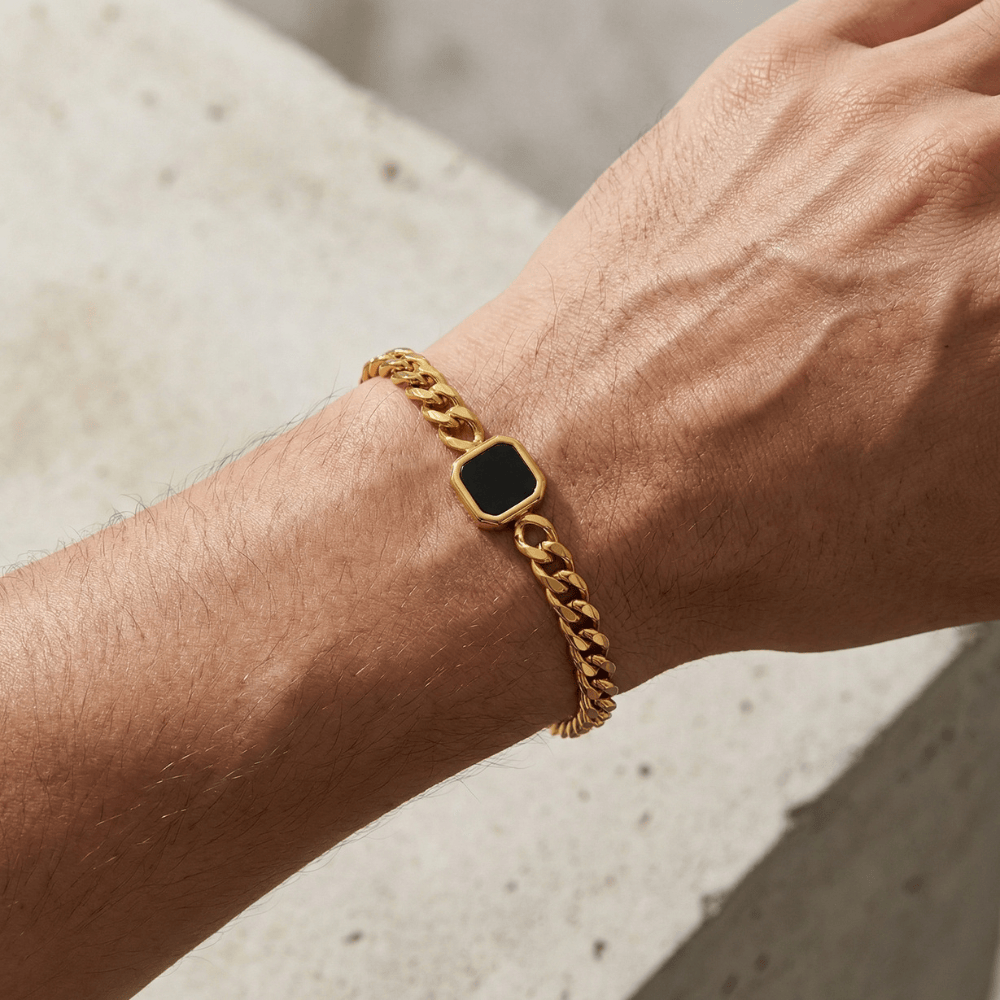 Gourmette Homme Pierre Noire Bracelet Acier Inoxydable