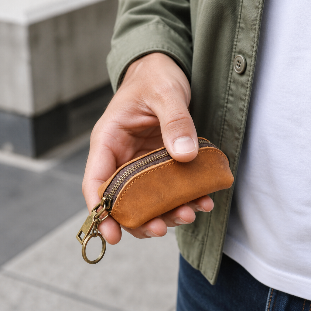 Porte Monnaie Rétro Homme Zippé Aspect Vieilli