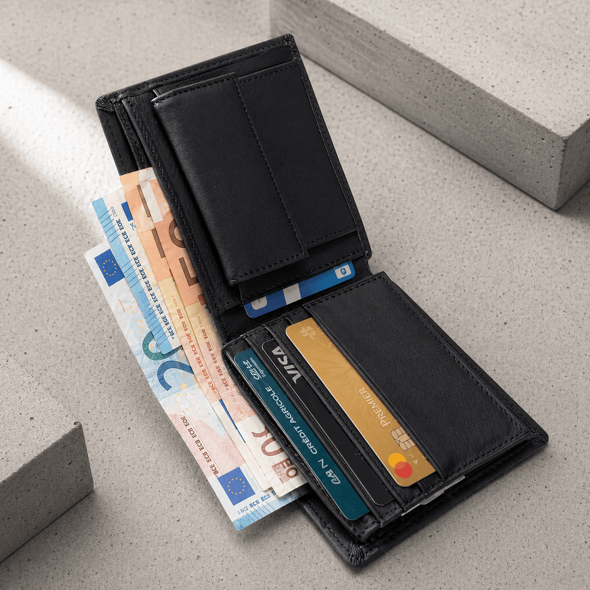 Portefeuille Homme Noir Cuir Véritable Compact Anti RFID