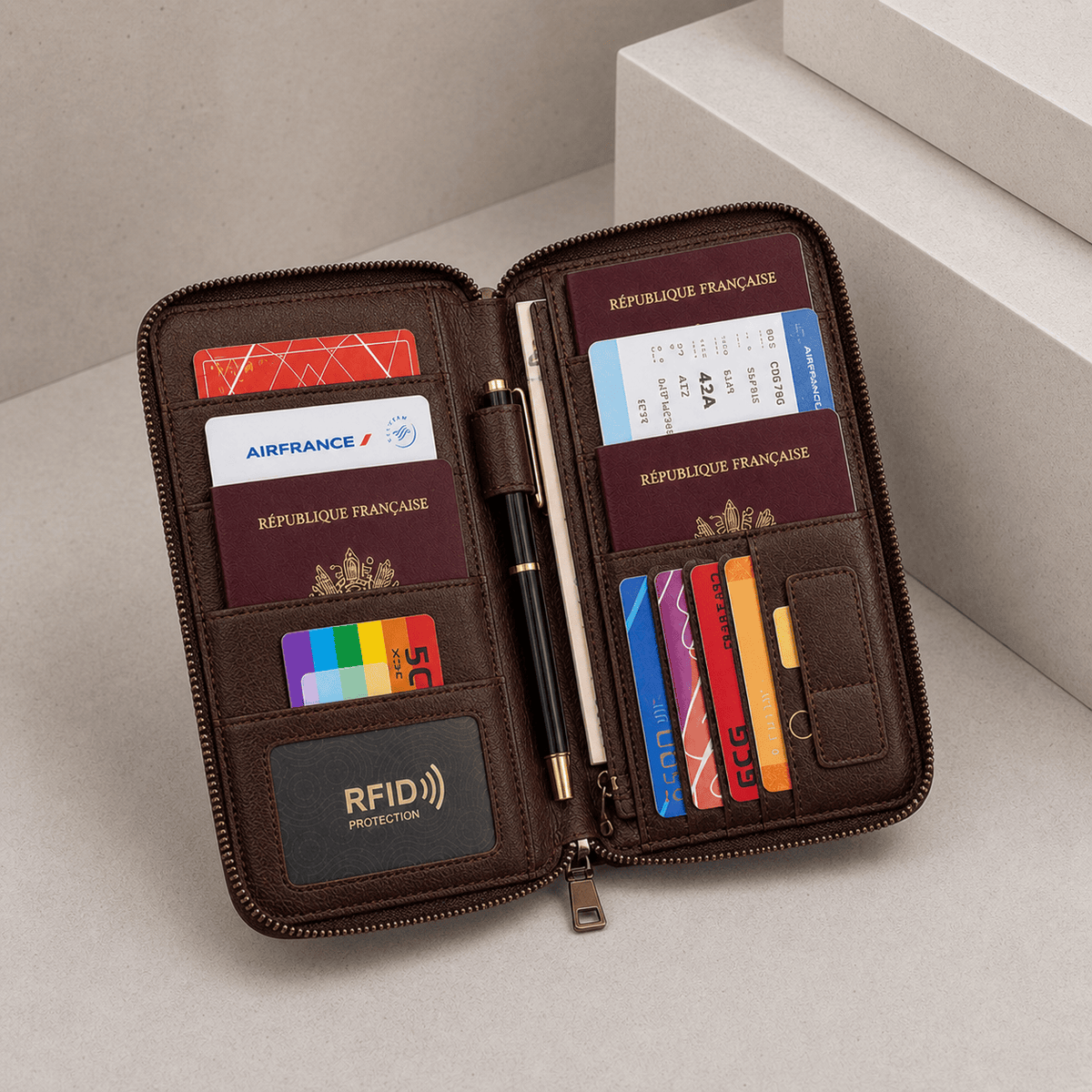 Portefeuille Long Homme Voyage Passeport RFID Dragonne