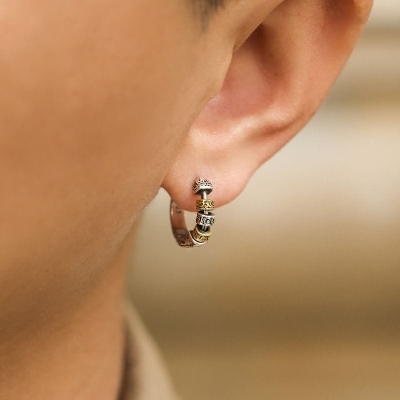 Boucles d'Oreilles Viking  – Anneau gravé avec perles rotatives