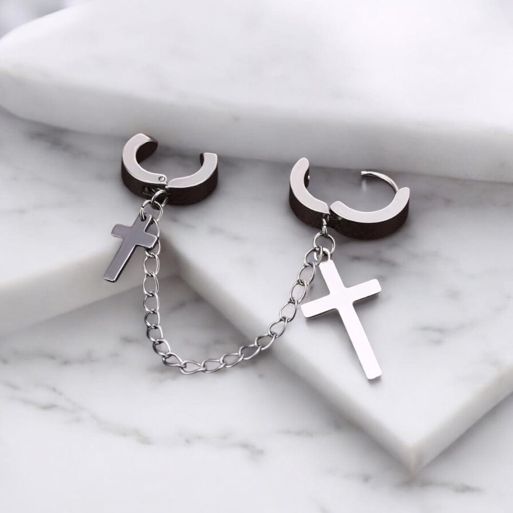 Boucles d'Oreilles Pendantes avec Croix et Chaîne - Style Rock