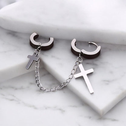 Boucles d'Oreilles Pendantes avec Croix et Chaîne - Style Rock