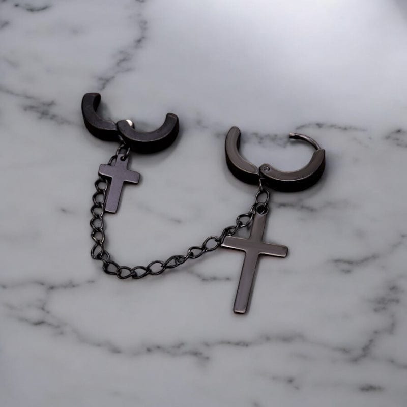 Boucles d'Oreilles Pendantes avec Croix et Chaîne - Style Rock