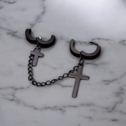 Boucles d'Oreilles Pendantes avec Croix et Chaîne - Style Rock