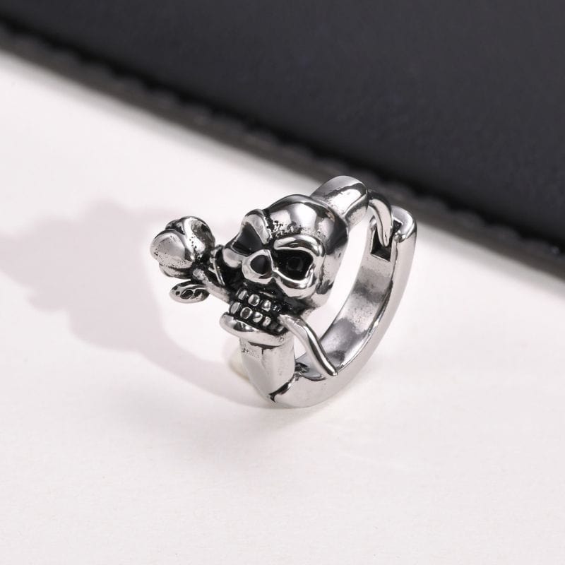 Boucle d’Oreille Crâne avec Rose – Acier Inoxydable