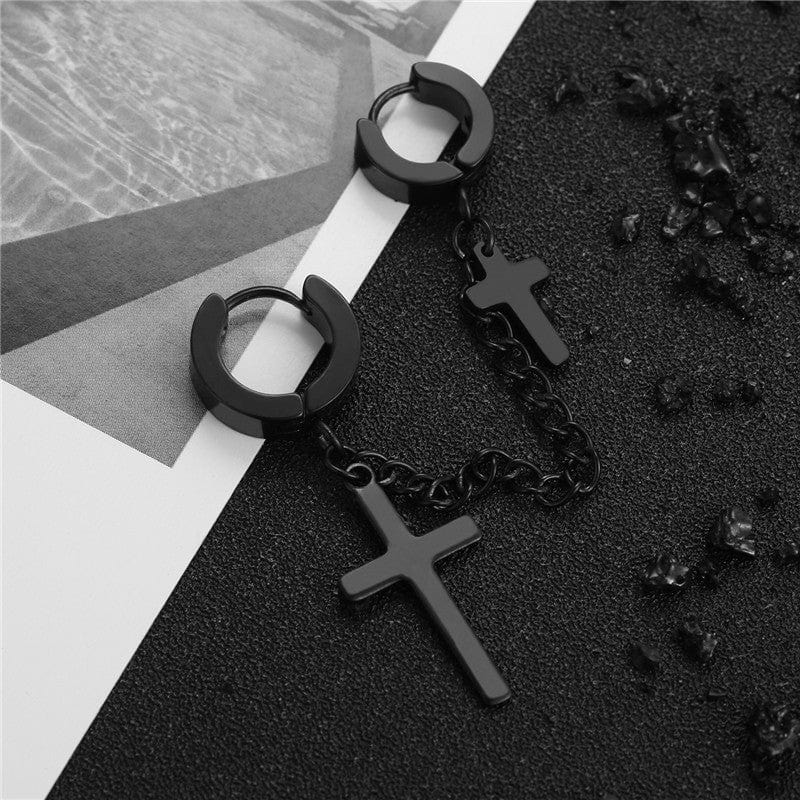 Boucles d'Oreilles Pendantes avec Croix et Chaîne - Style Rock