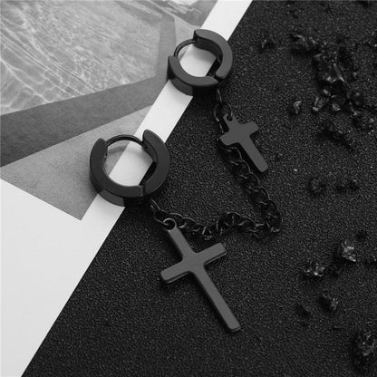 Boucles d'Oreilles Pendantes avec Croix et Chaîne - Style Rock