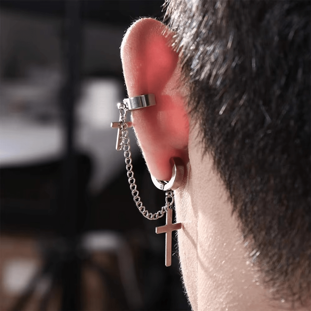 Boucles d'Oreilles Pendantes avec Croix et Chaîne - Style Rock