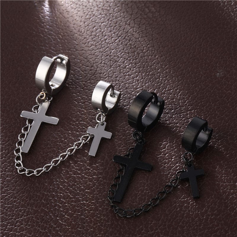 Boucles d'Oreilles Pendantes avec Croix et Chaîne - Style Rock