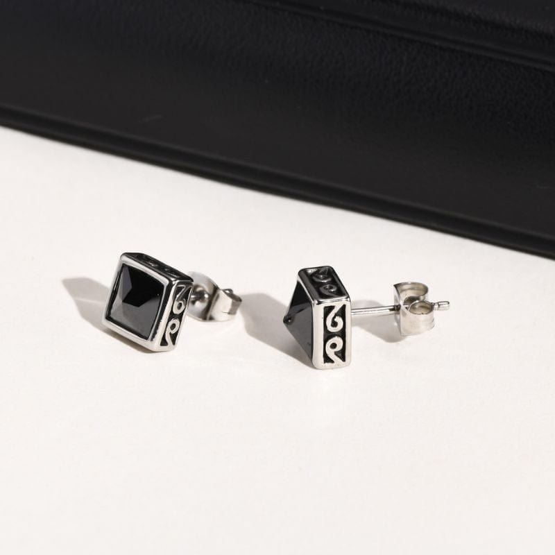 Boucles d'Oreilles Carrées – Acier & Pierre Noire