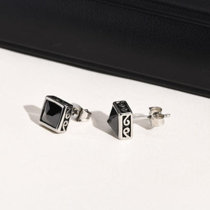Boucles d'Oreilles Carrées – Acier & Pierre Noire