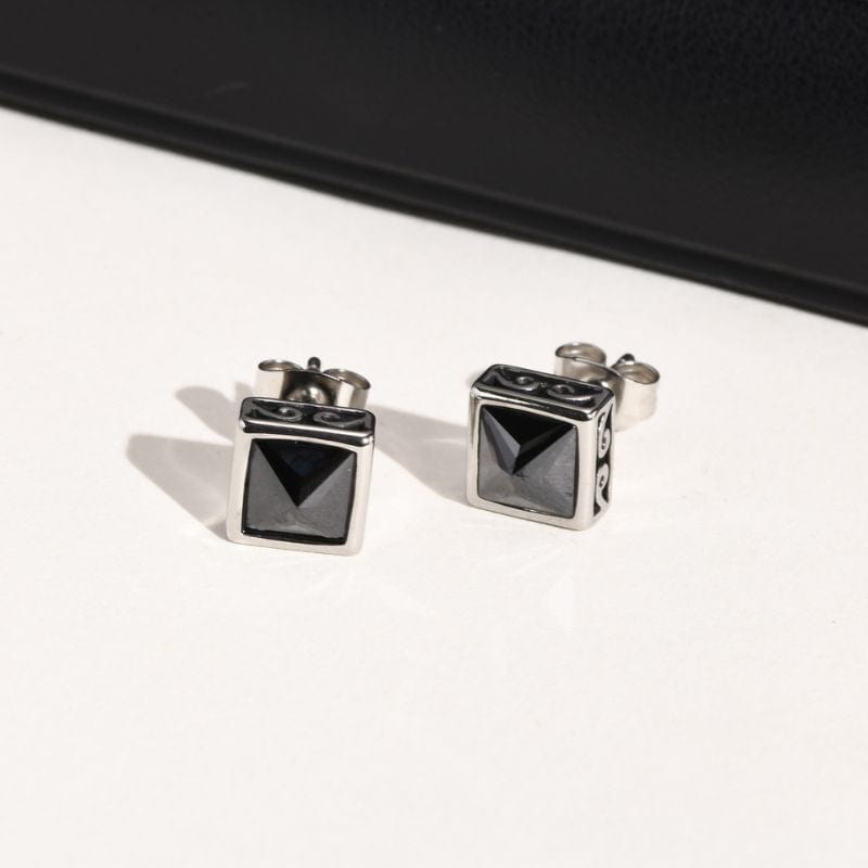 Boucles d'Oreilles Carrées – Acier & Pierre Noire